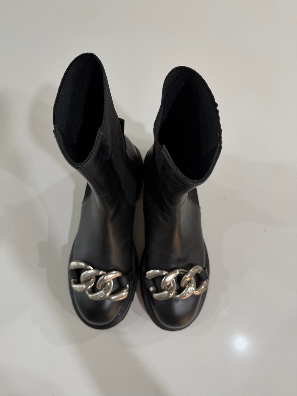 No. 21 Black Leather Ankle Boots with Silver Chain Detail